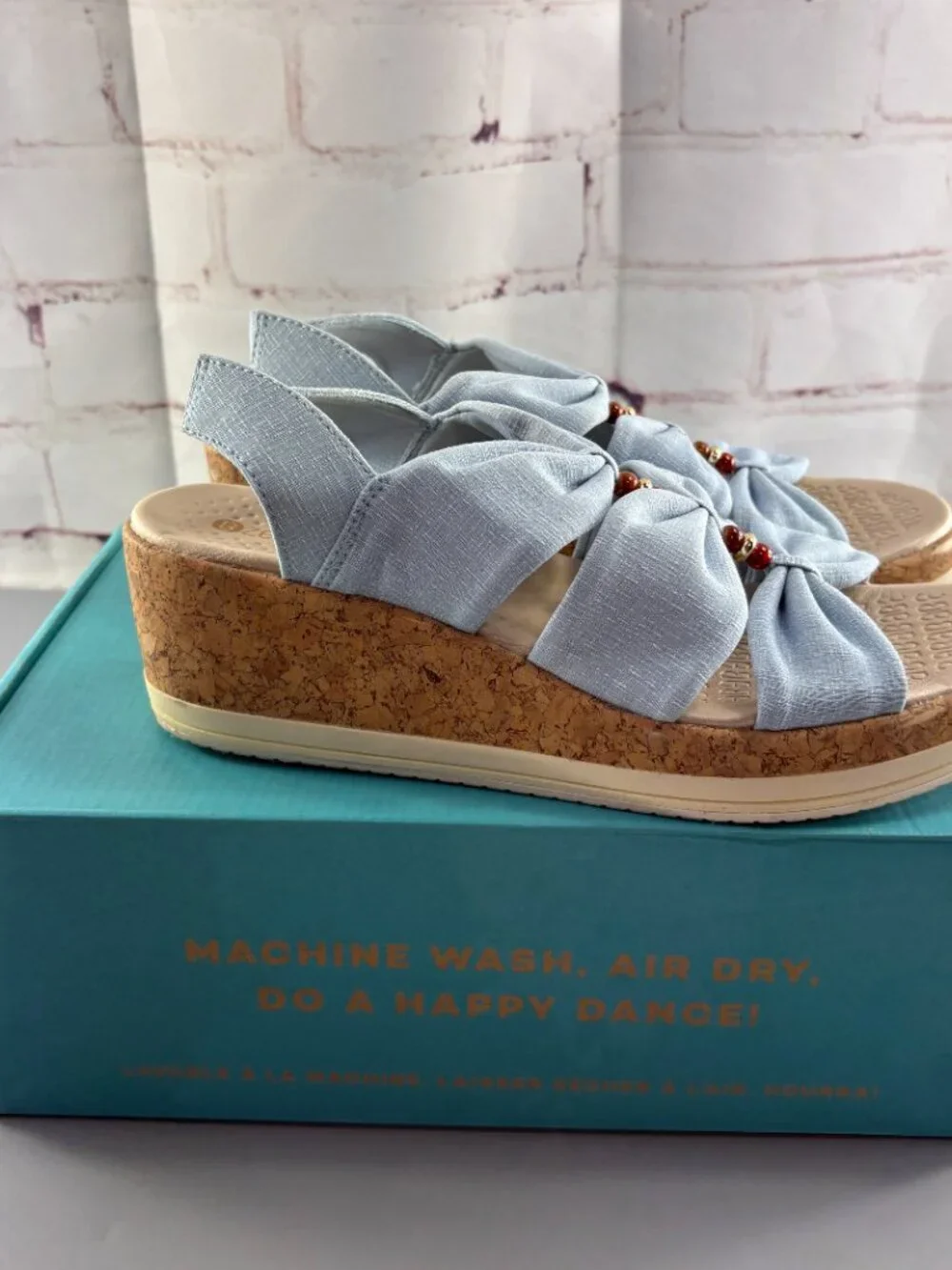 Bzees Cloud Roma Cork Wedge Beaded Washable Slip-On Sandal Blue Women's SZ 10 M